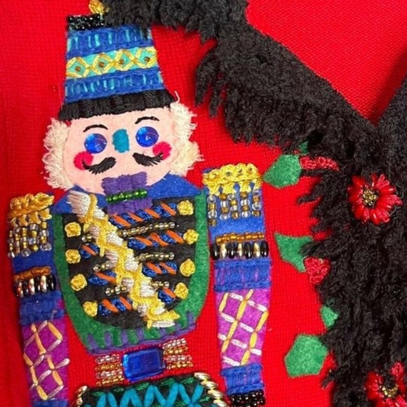 Michael Simon Womens Sz M Beaded Nutcracker Sweater Cardigan Black Fringe Trim - Picture 6 of 15